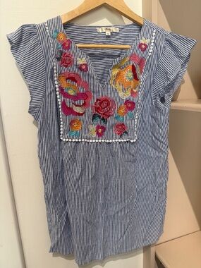 ANDREE BY UNIT Blue & White Striped Top with Embroidered Detail